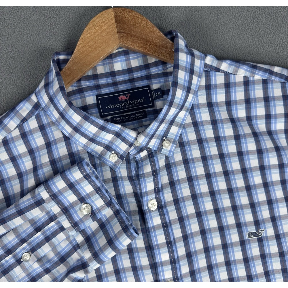 Vineyard Vines Shirt 2XL Blue White Plaid Slim Fit Whale Performance Office Prep